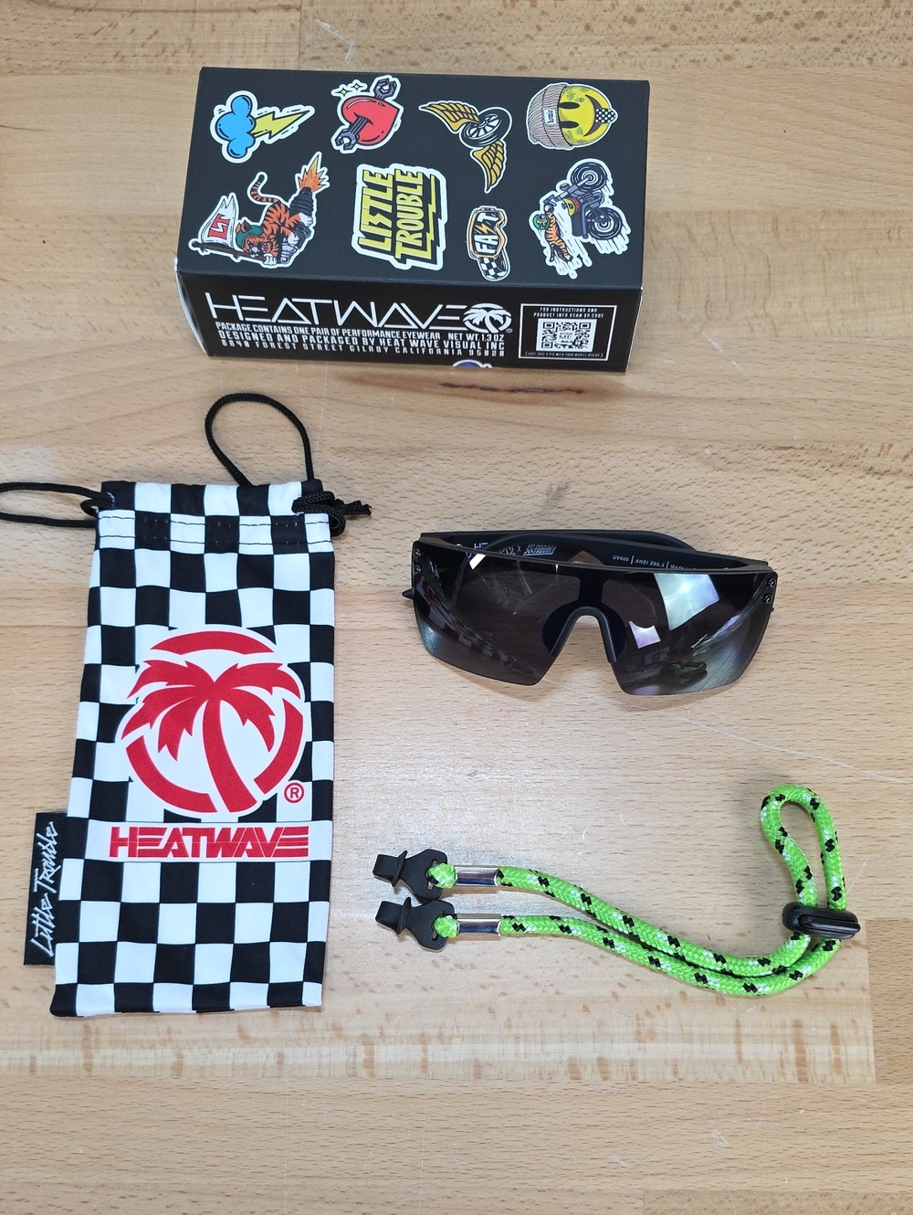 Heatwave Kids Black Shield Sunglasses with Neon Green Strap New